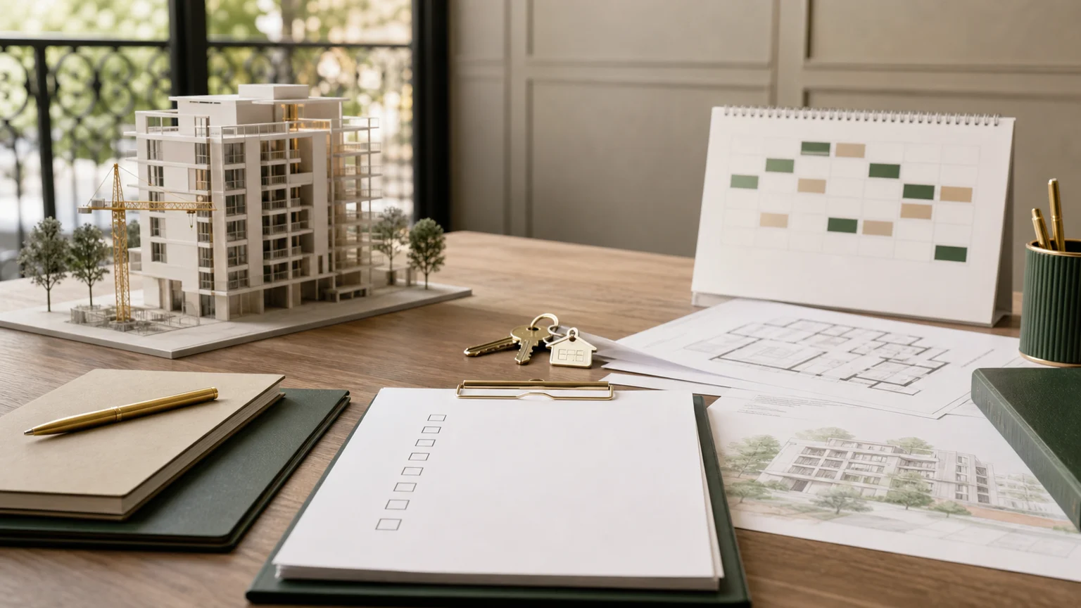 Bureau immobilier avec plans, maquette d’immeuble neuf, clés et calendrier de chantier pour préparer un achat en VEFA sans texte ni logo