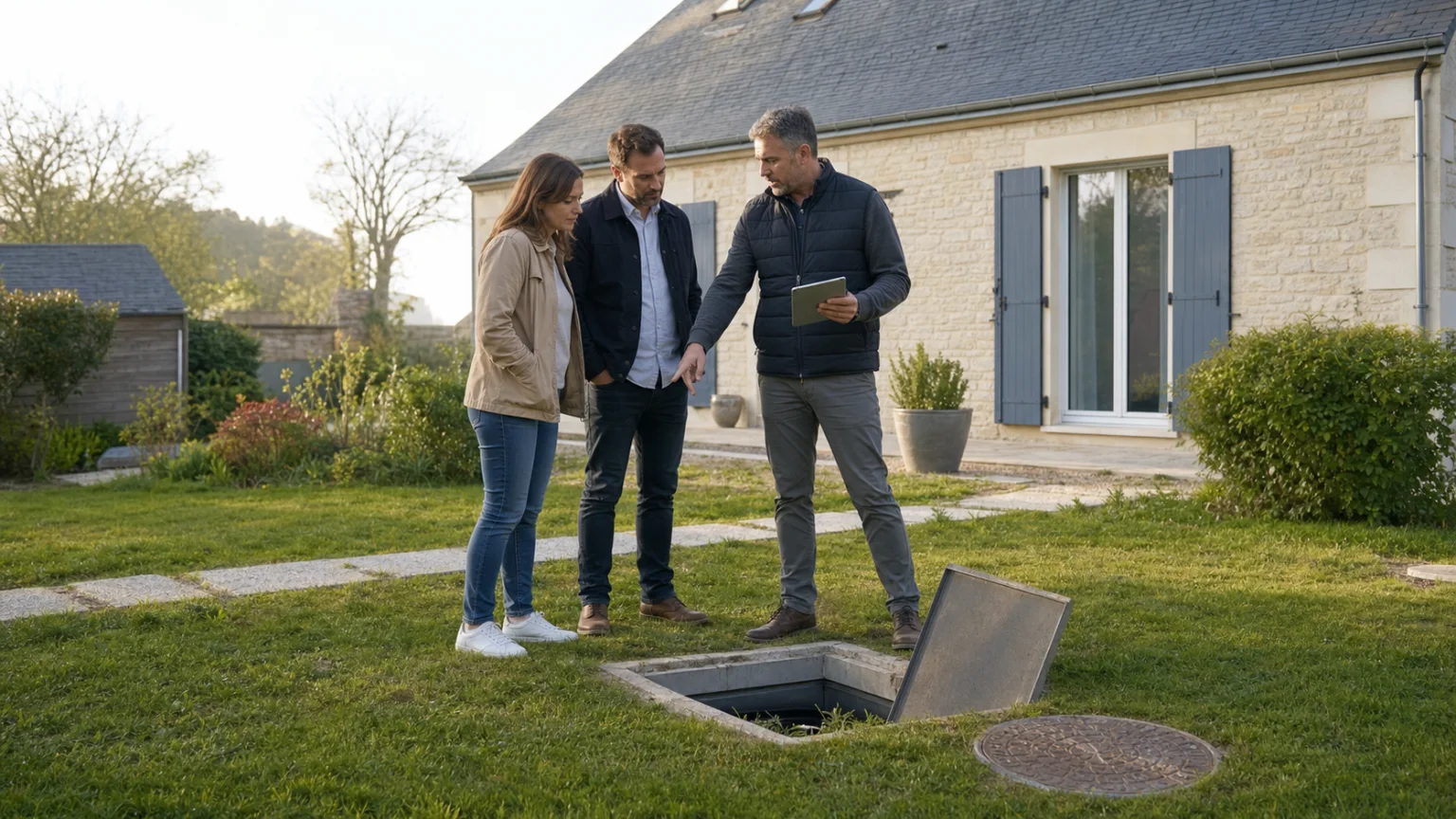 Contrôle d’un assainissement non collectif dans le jardin d’une maison avec propriétaire, acheteur, technicien et regard ouvert sans texte lisible