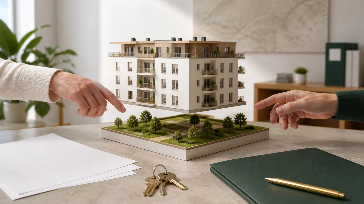 Maquette d’immeuble séparée d’un socle de terrain avec clés, dossier vert et feuilles vierges pour illustrer un achat en bail réel solidaire sans texte lisible