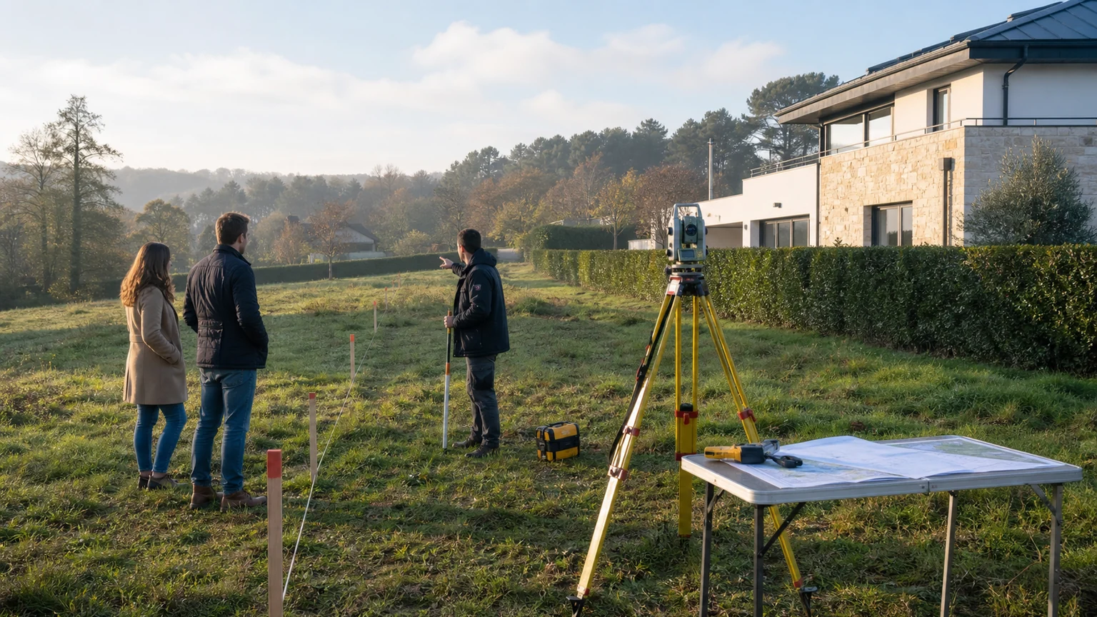 Géomètre et acheteurs vérifiant les limites d’un terrain constructible avec bornes, trépied de mesure, plan et maison en arrière-plan sans texte lisible