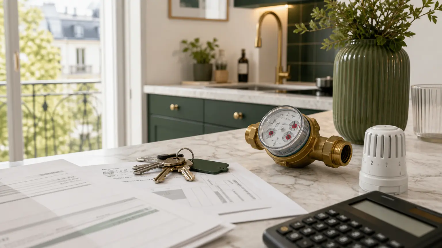 Dossier de gestion locative avec clés, compteur d’eau, thermostat et calculatrice dans une cuisine d’appartement sans texte lisible