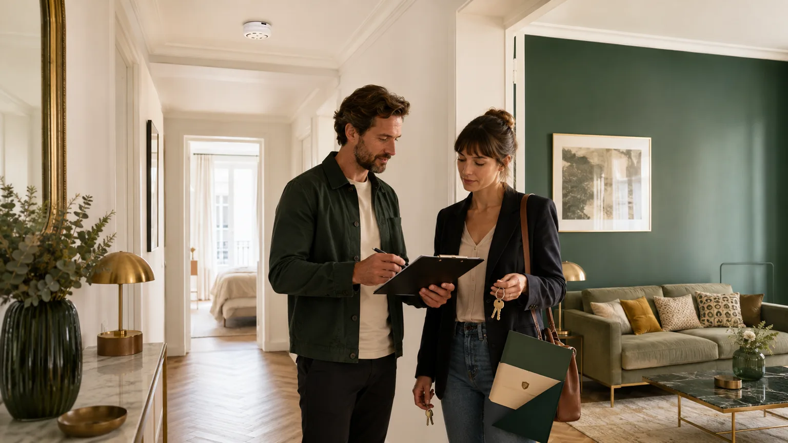 Propriétaire et locataire vérifiant un détecteur de fumée au plafond pendant un état des lieux dans un appartement lumineux sans texte lisible