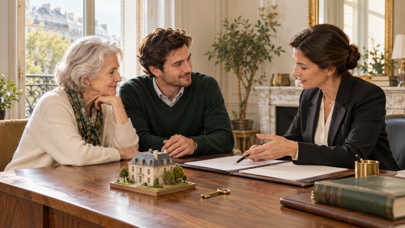 Grand-mère et petit-fils préparant une transmission immobilière avec une notaire