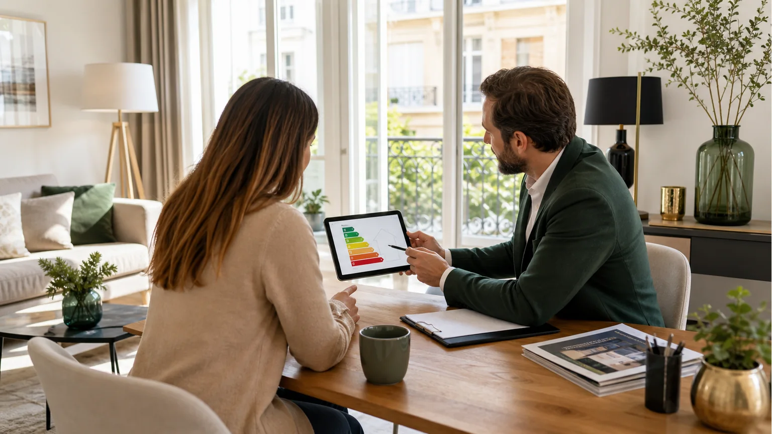 Conseiller immobilier présentant un diagnostic de performance énergétique à une propriétaire avant une vente