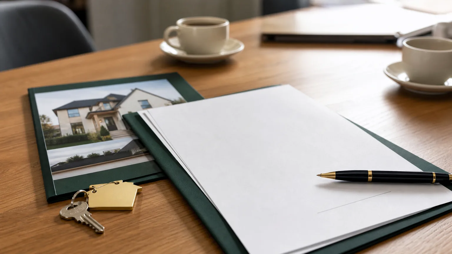 Dossier de mandat de vente immobilier avec stylo et clés sur un bureau professionnel