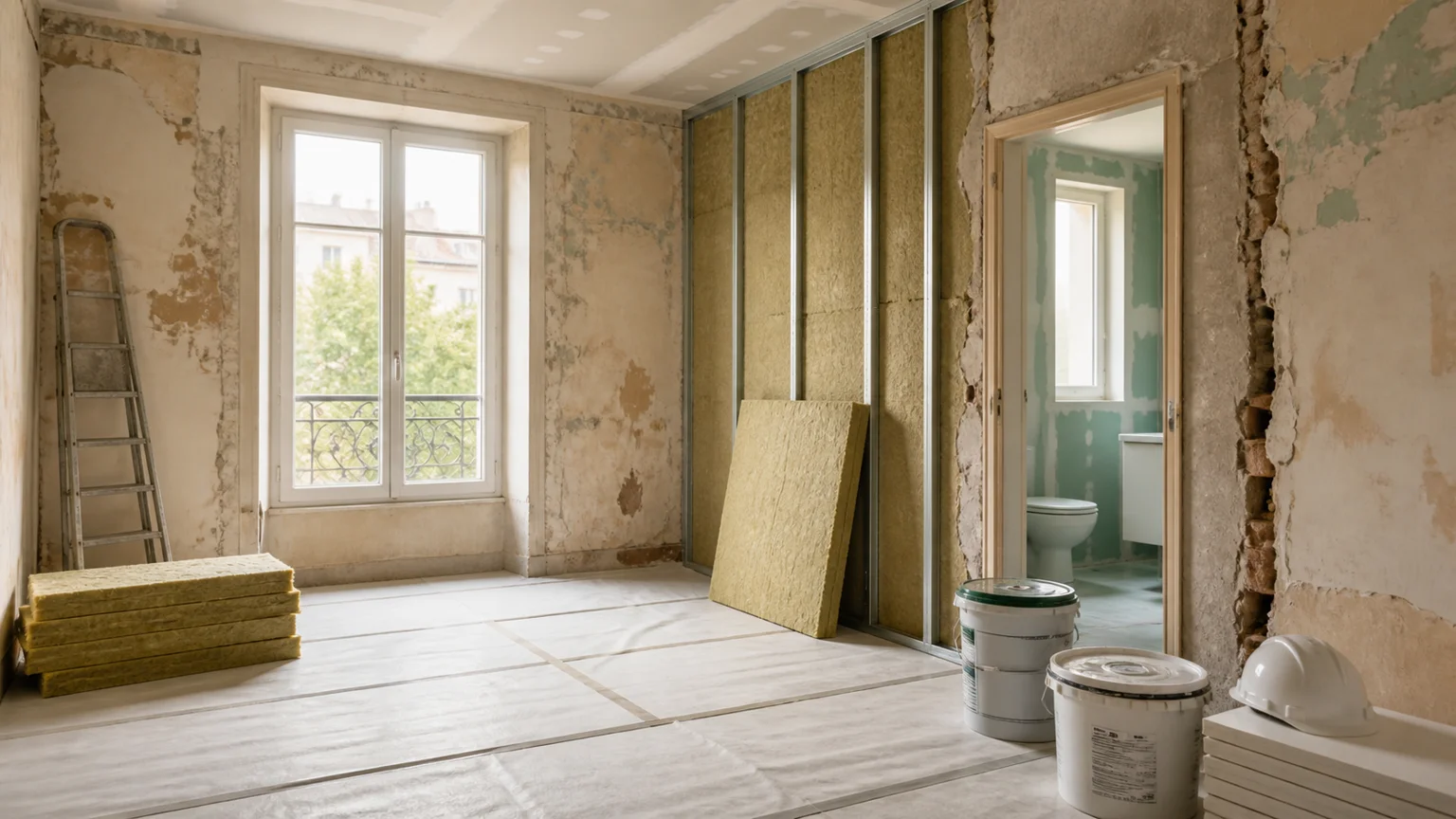Appartement ancien en rénovation lourde avec isolation, murs repris, salle d’eau en chantier et casque de sécurité sans texte lisible