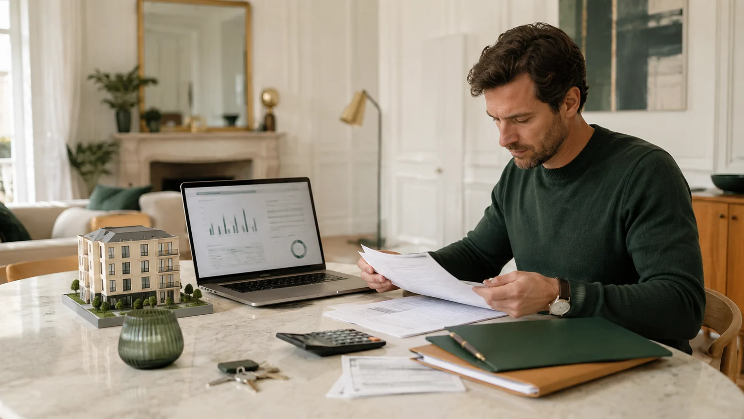 Bailleur préparant la déclaration fiscale d’une location nue dans un appartement lumineux avec ordinateur, calculatrice, maquette immobilière et documents sans texte lisible