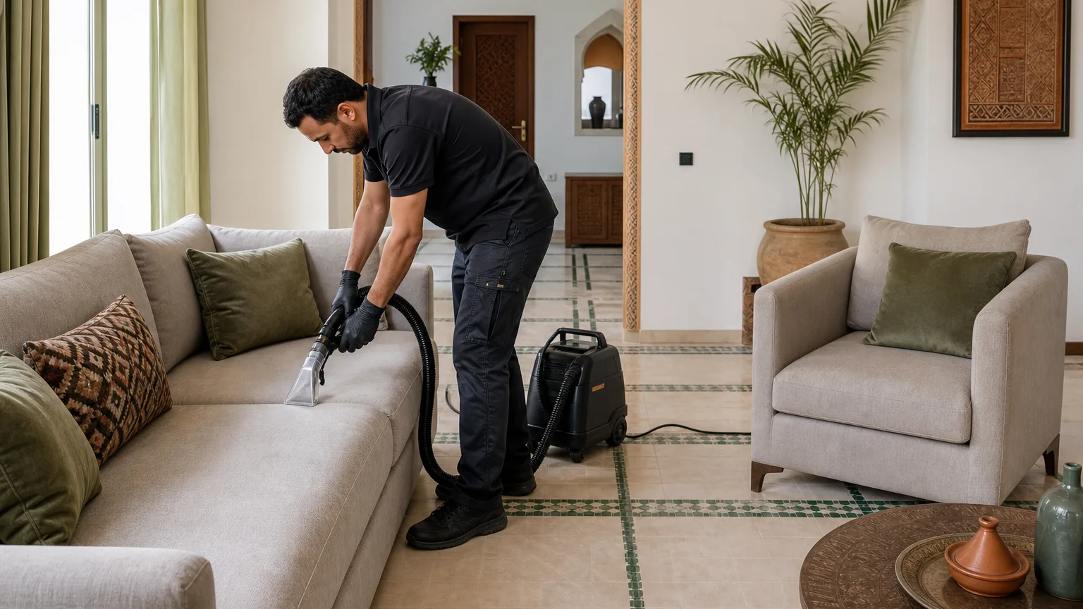Professionnel nettoyant un canapé en tissu dans un salon lumineux de Marrakech avec un fauteuil assorti sans texte ni logo