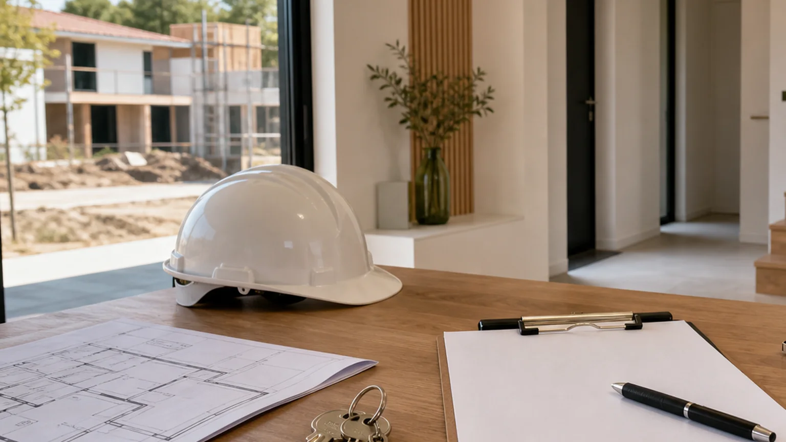 Table de réception de maison neuve avec casque de chantier, clés, plan, stylo et procès-verbal vierge sans texte lisible
