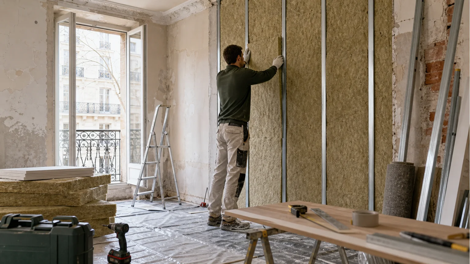 Propriétaires préparant un projet de rénovation énergétique avec un conseiller et des échantillons d’isolation