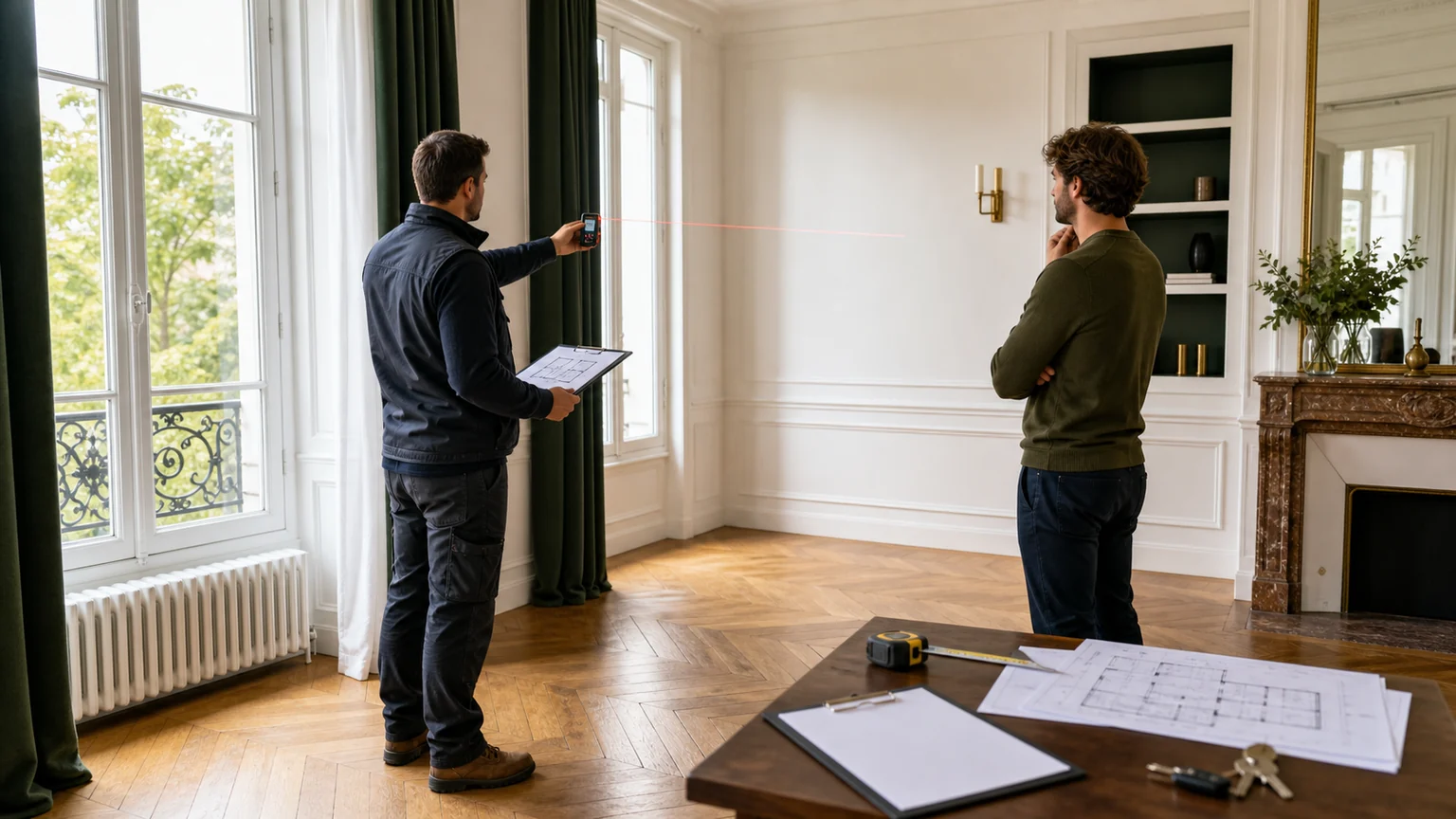 Professionnel mesurant au laser la surface d’un appartement vide en copropriété avec plans et clés sur une table, sans texte ni logo