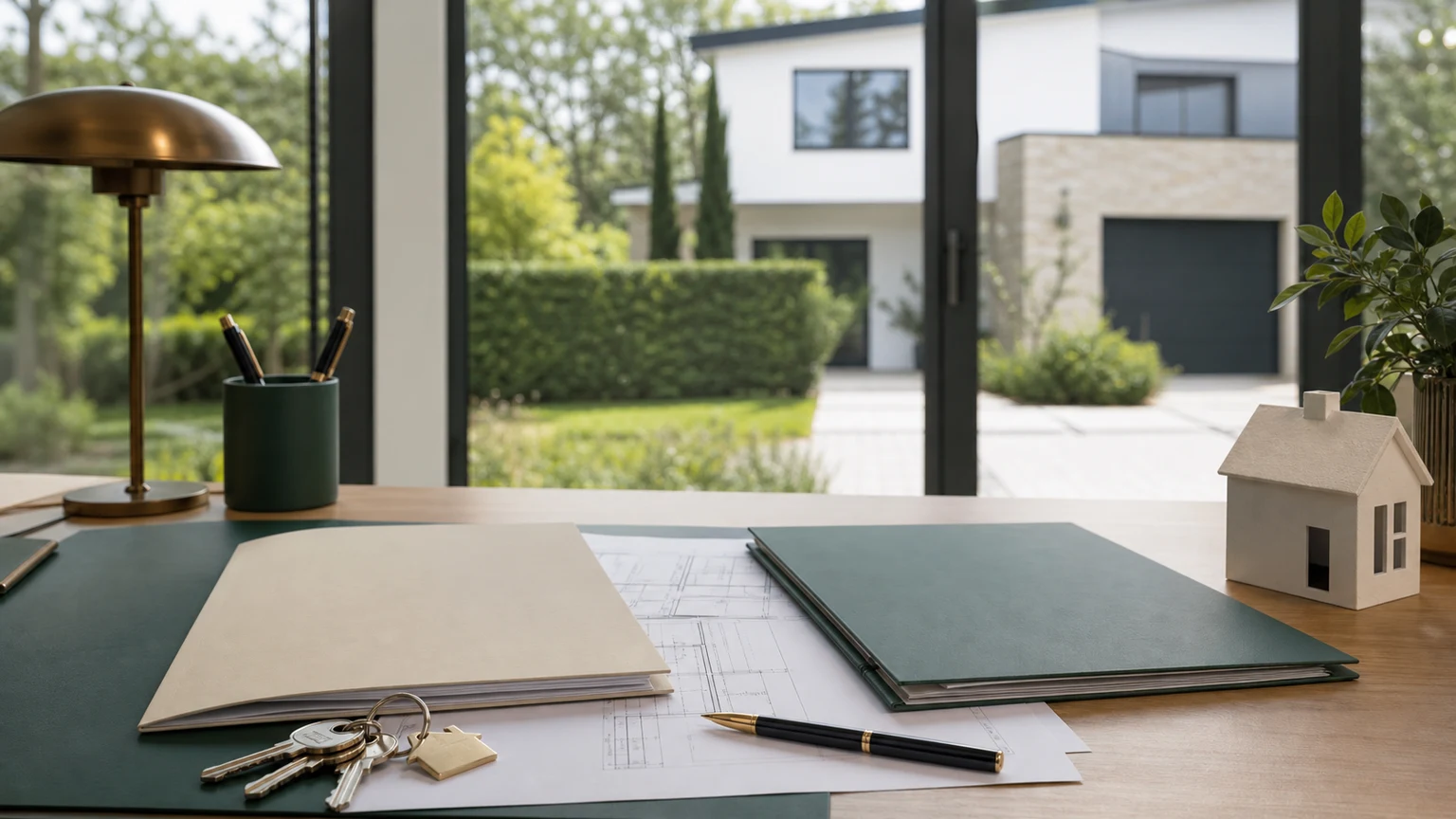 Dossiers de garanties, clés et maquette de maison récente sur un bureau notarial avec maison moderne en arrière-plan sans texte lisible